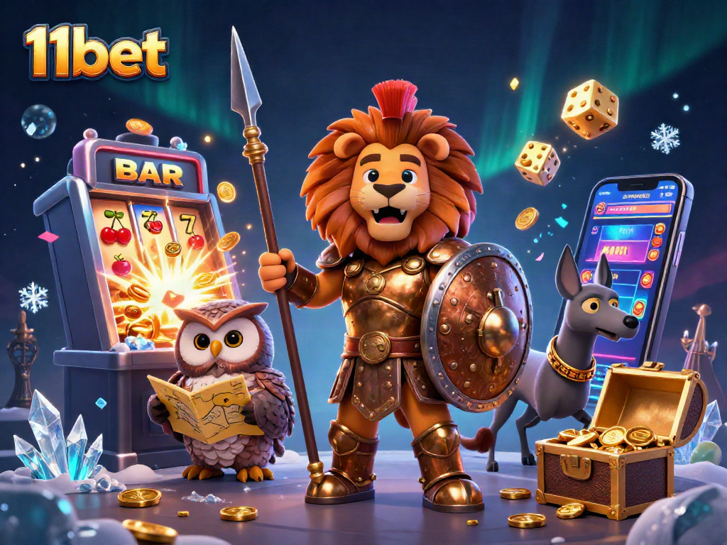 Experience the thrill of 11bet with a dynamic 3D casino scene featuring a Spartan lion and winning elements.