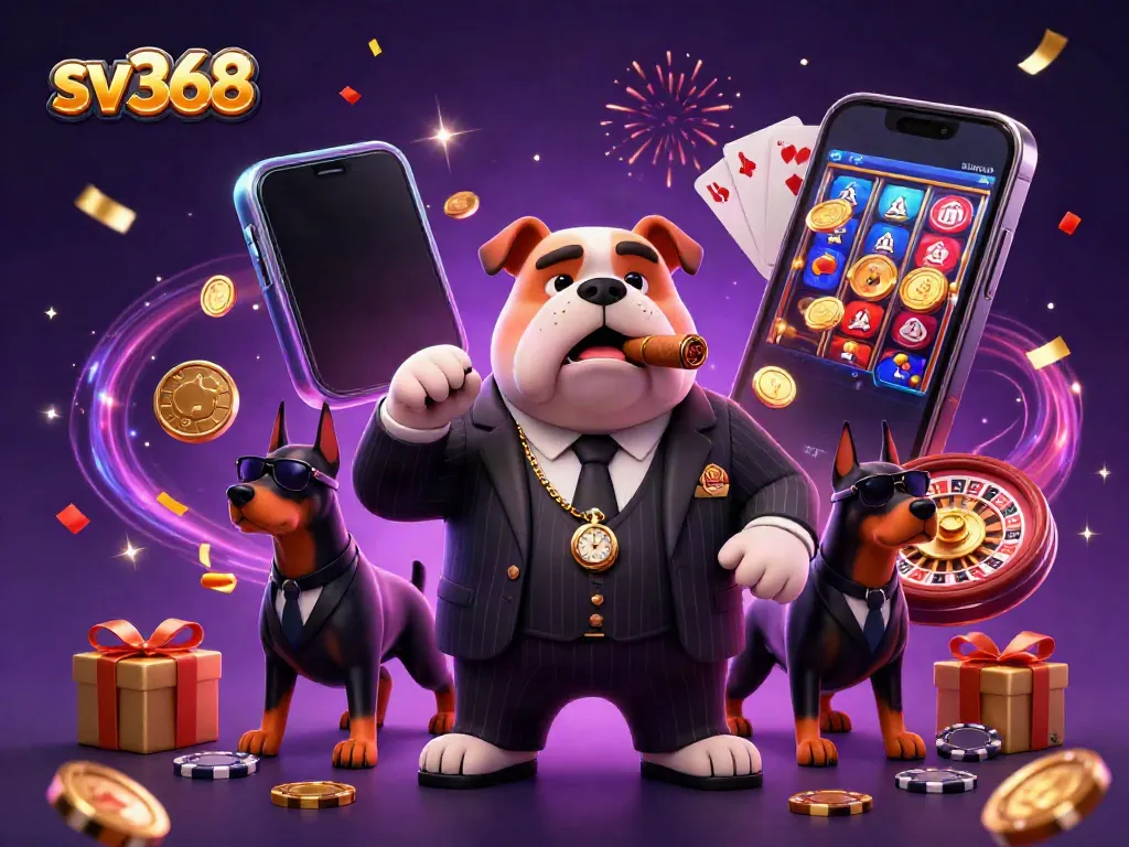 sv368 casino scene showcasing animated mafia boss and guards with slot game elements