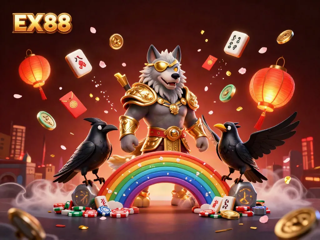 Experience the thrill of EX 88 with our vibrant casino-themed 3D illustration showcasing mythical characters.
