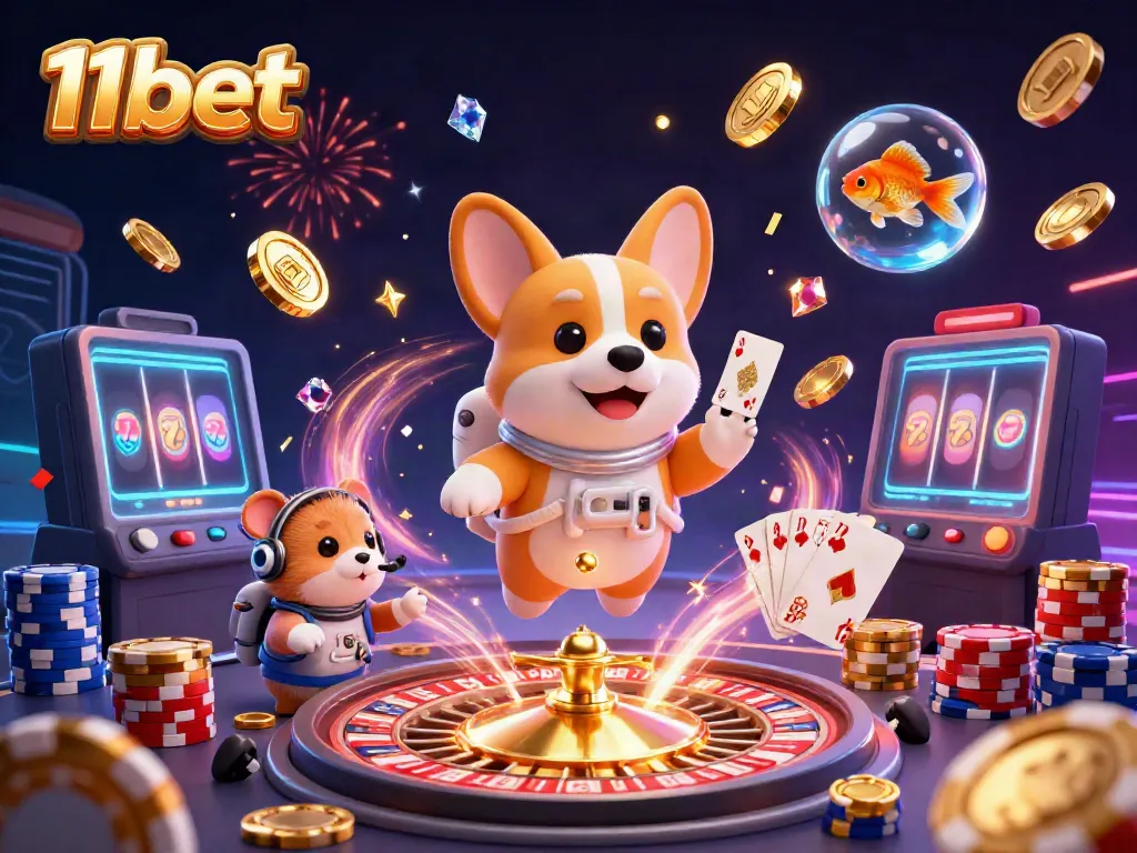 Join the fun with 11bet, a vibrant cosmic casino scene blending playful characters and dynamic gaming elements.