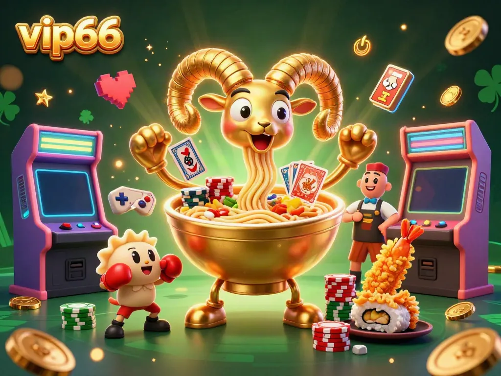 Experience the vibrant thrill of vip66's online gaming with a dynamic 3D illustration of casino characters and elements.