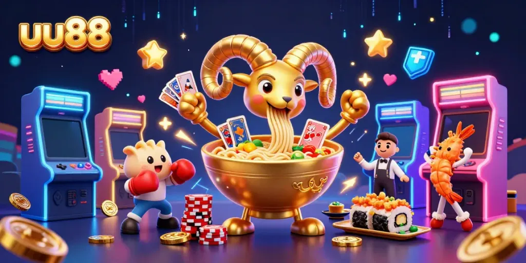 Engage in thrilling gameplay with uu88's vibrant casino-themed 3D characters and gaming elements.