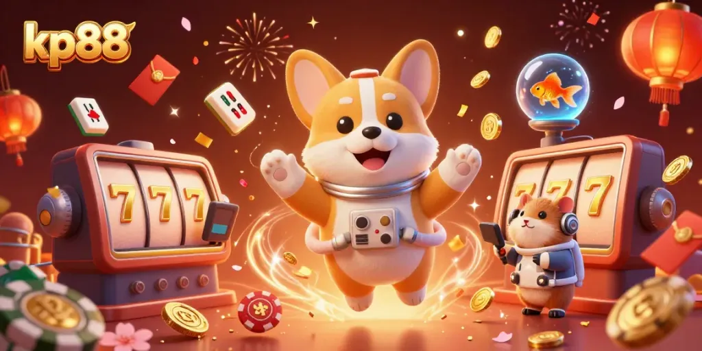 Engage in thrilling gameplay at kp88 with a colorful casino scene featuring floating characters and vibrant game elements.