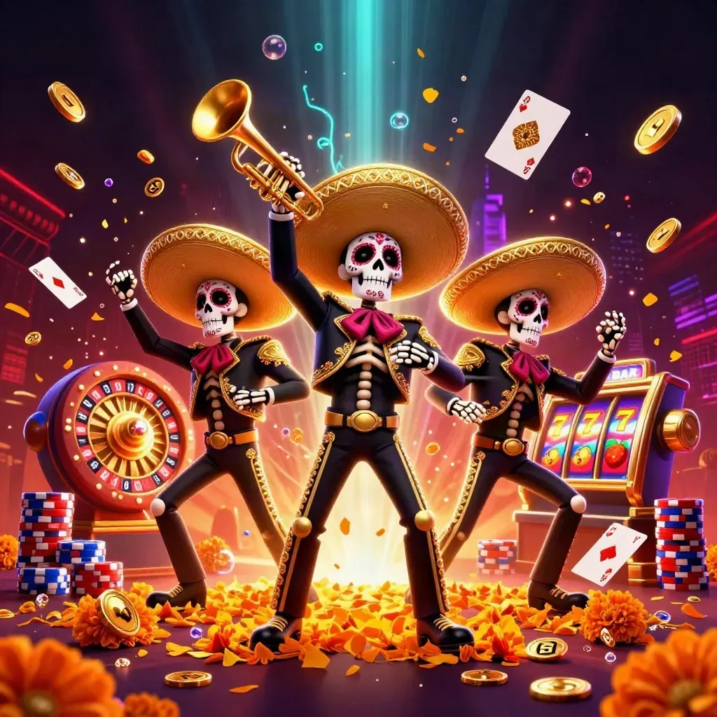 Three skeleton mariachi performers amid coins, cards, reels, and glowing casino lights.