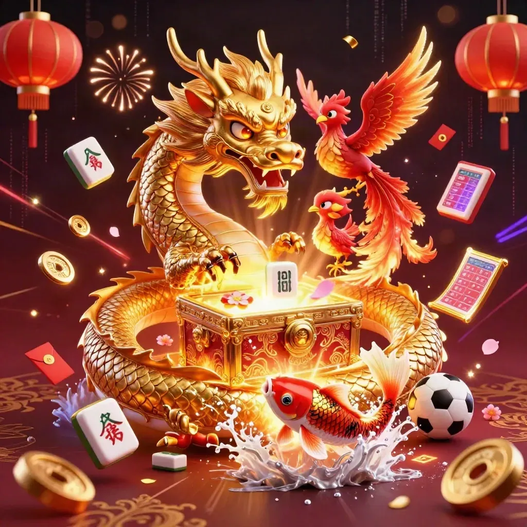 Golden dragon, phoenix, koi, and casino sports icons explode in neon luxury.
