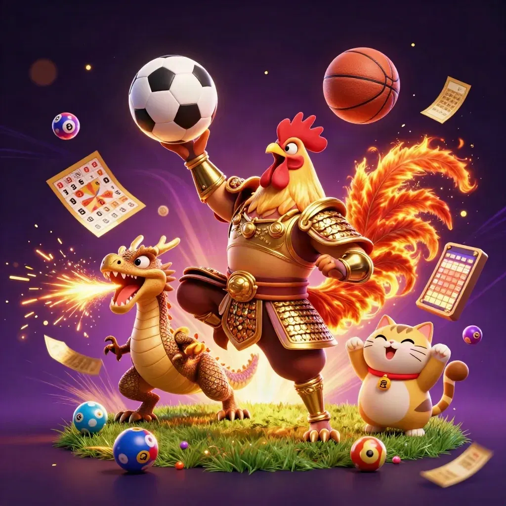 Cartoon rooster warrior, dragon hatchling and fortune-cat amid sports balls, sparks and casino icons.