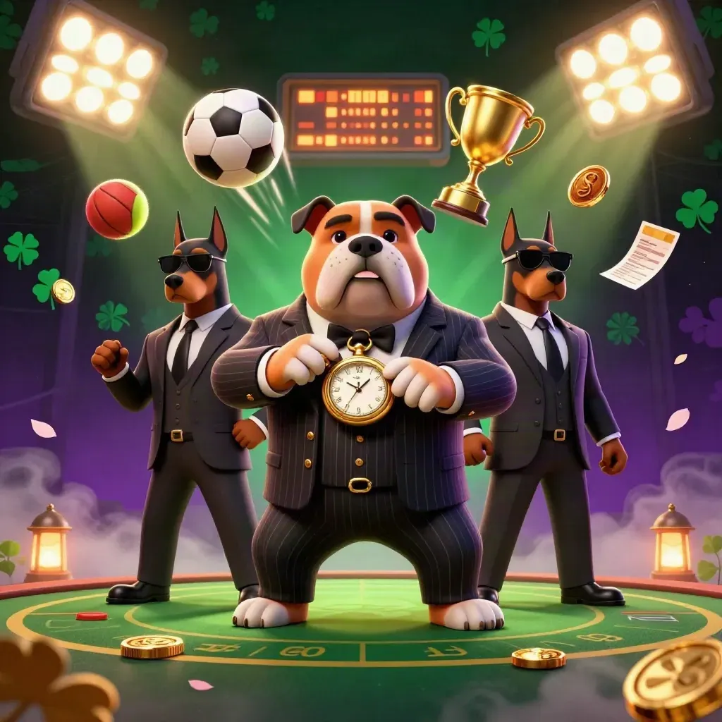 Cartoon bulldog mafia boss with two Dobermans amid flying sports balls, coins, and casino lights.
