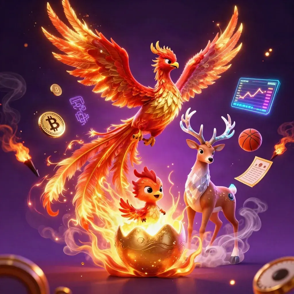 Phoenix, stag, coins, and sports gear erupt in neon casino light on a dark purple starfield.