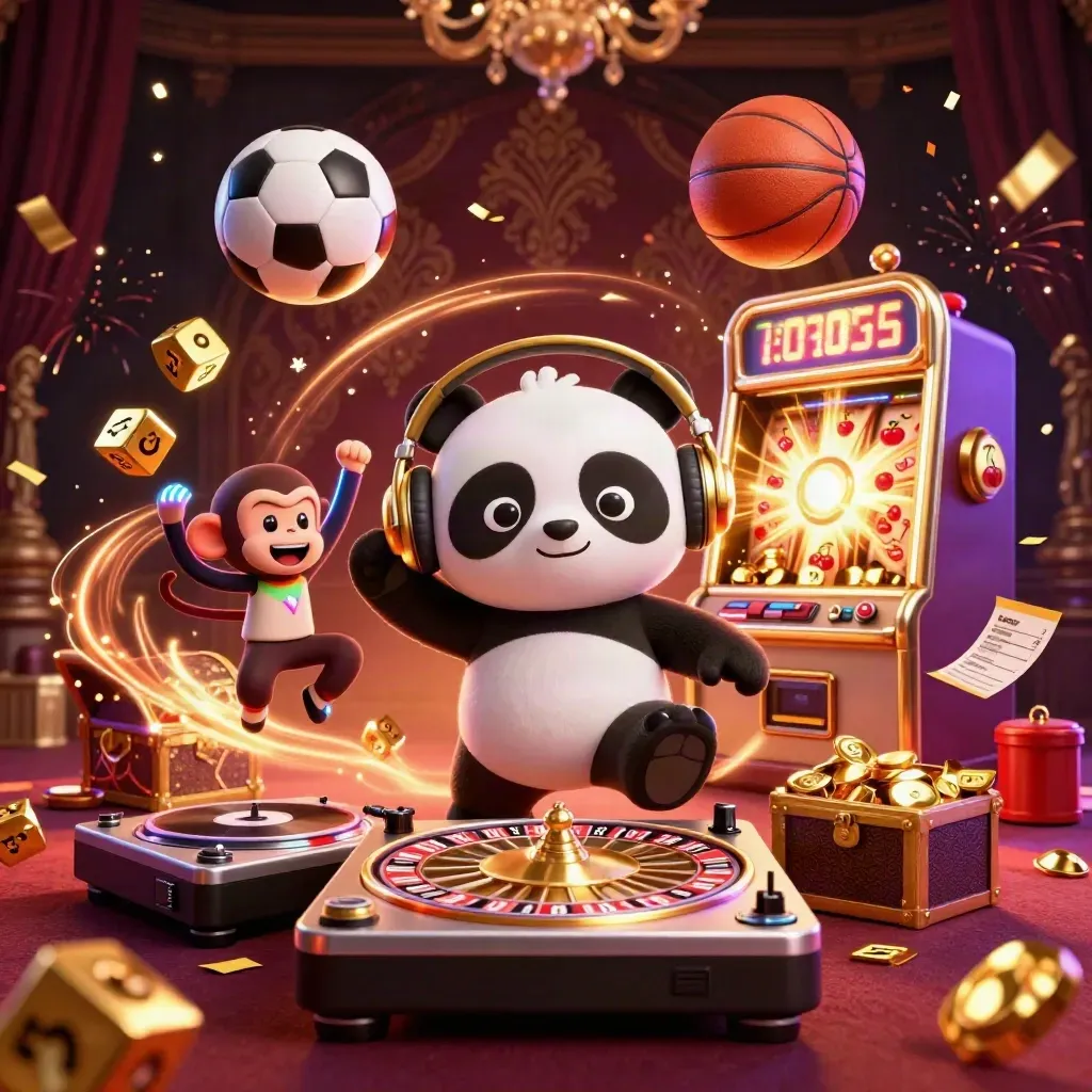 DJ panda, monkey, and glow-stick kitten amid slot bursts, gold dice, sports balls, and confetti