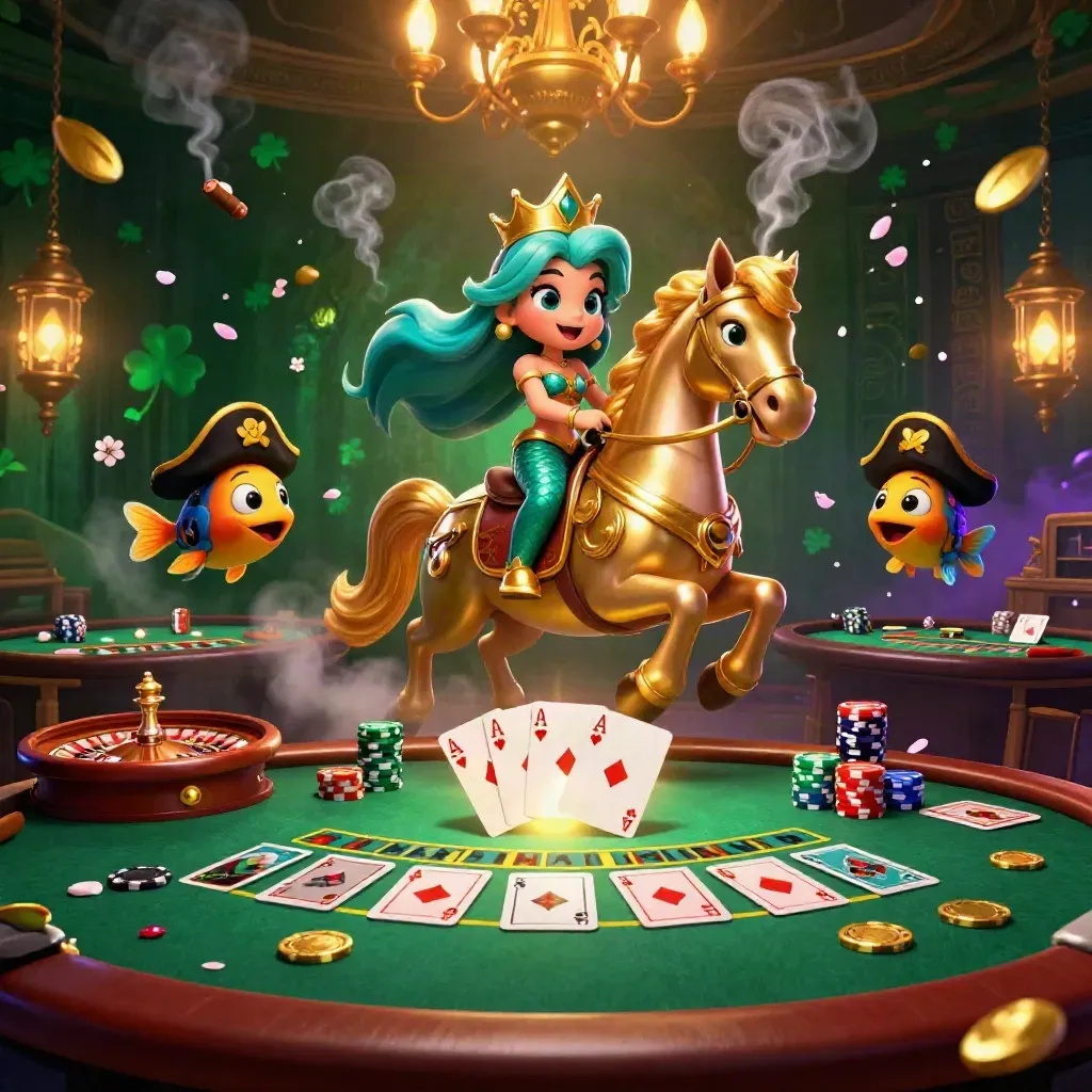 Mermaid princess rides a gold seahorse amid casino magic and floating chips.