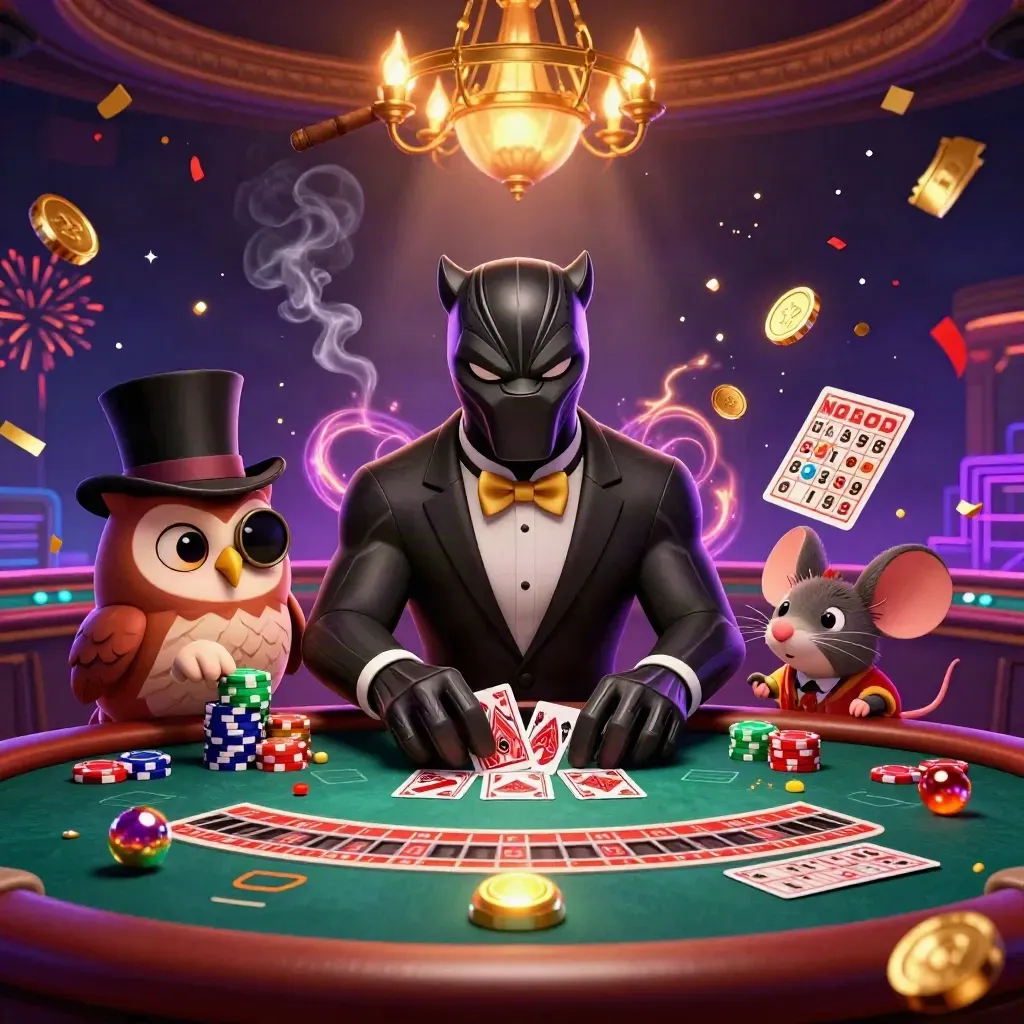 Panther, owl, and mouse in a luxe casino scene with roulette, cards, chips, coins, and glowing effects.