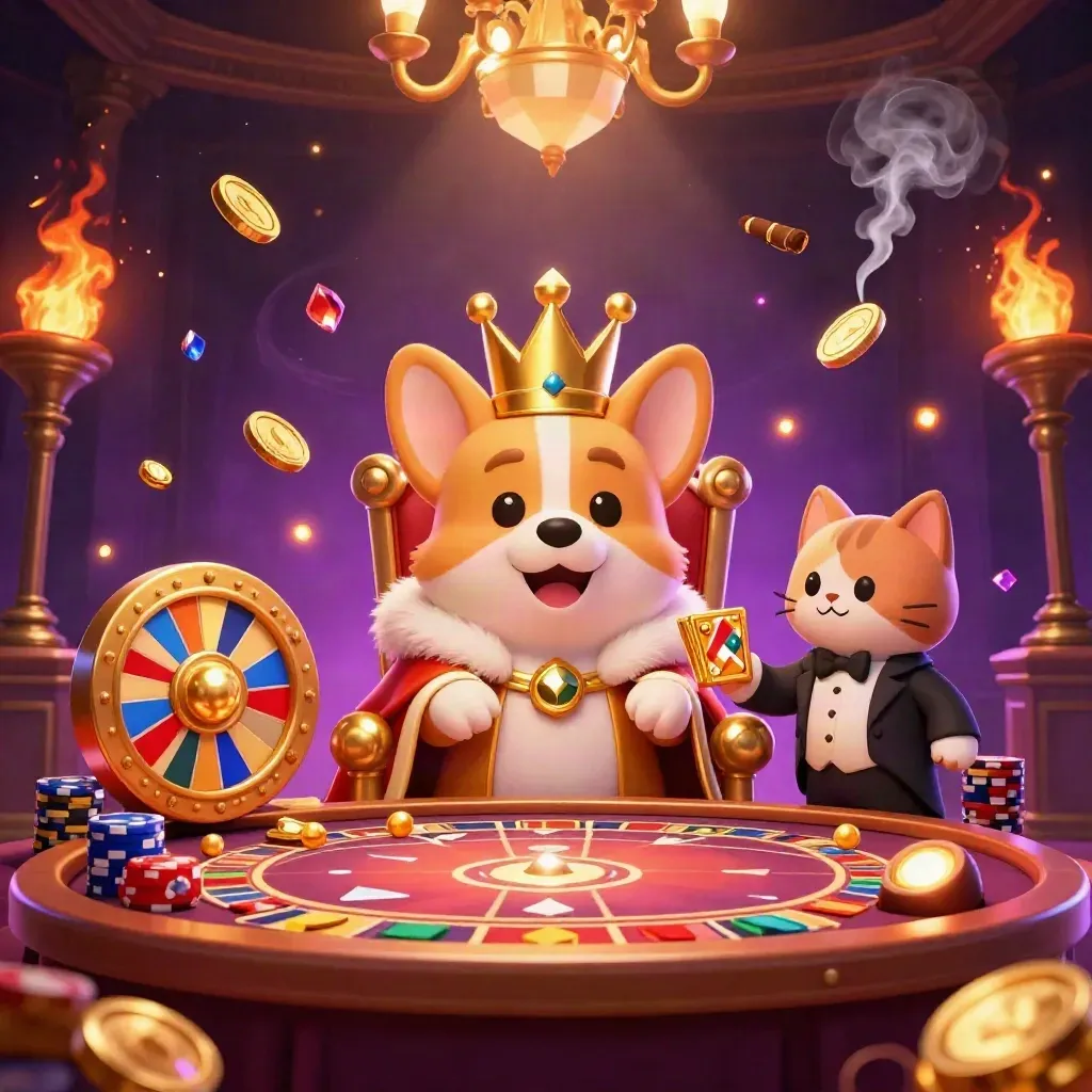 Royal corgi and cat butler amid coins, gems, roulette wheel, chips, and casino glow.