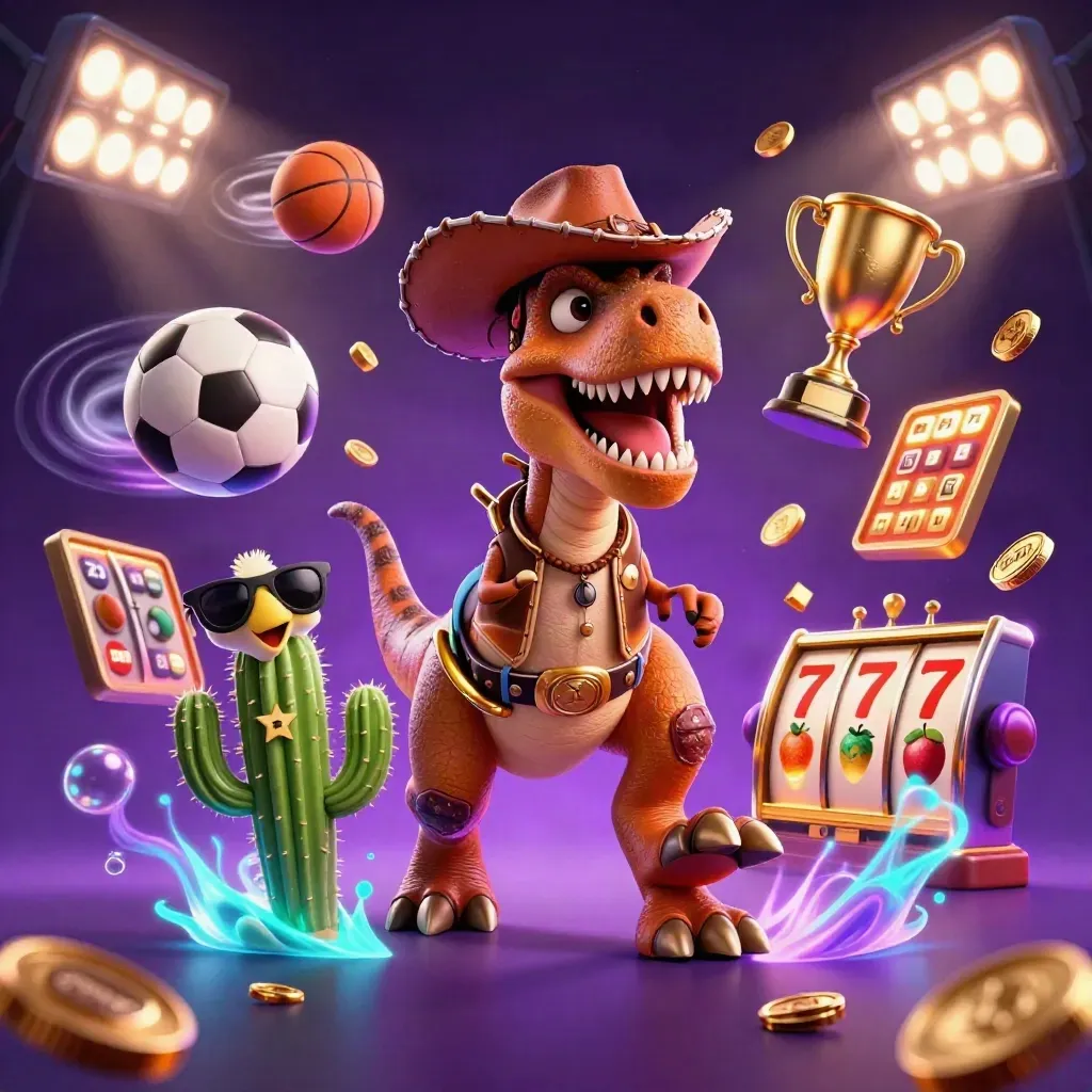 Cowboy T-Rex trio amid sports balls, coins, trophy, slot icons, and neon casino energy.