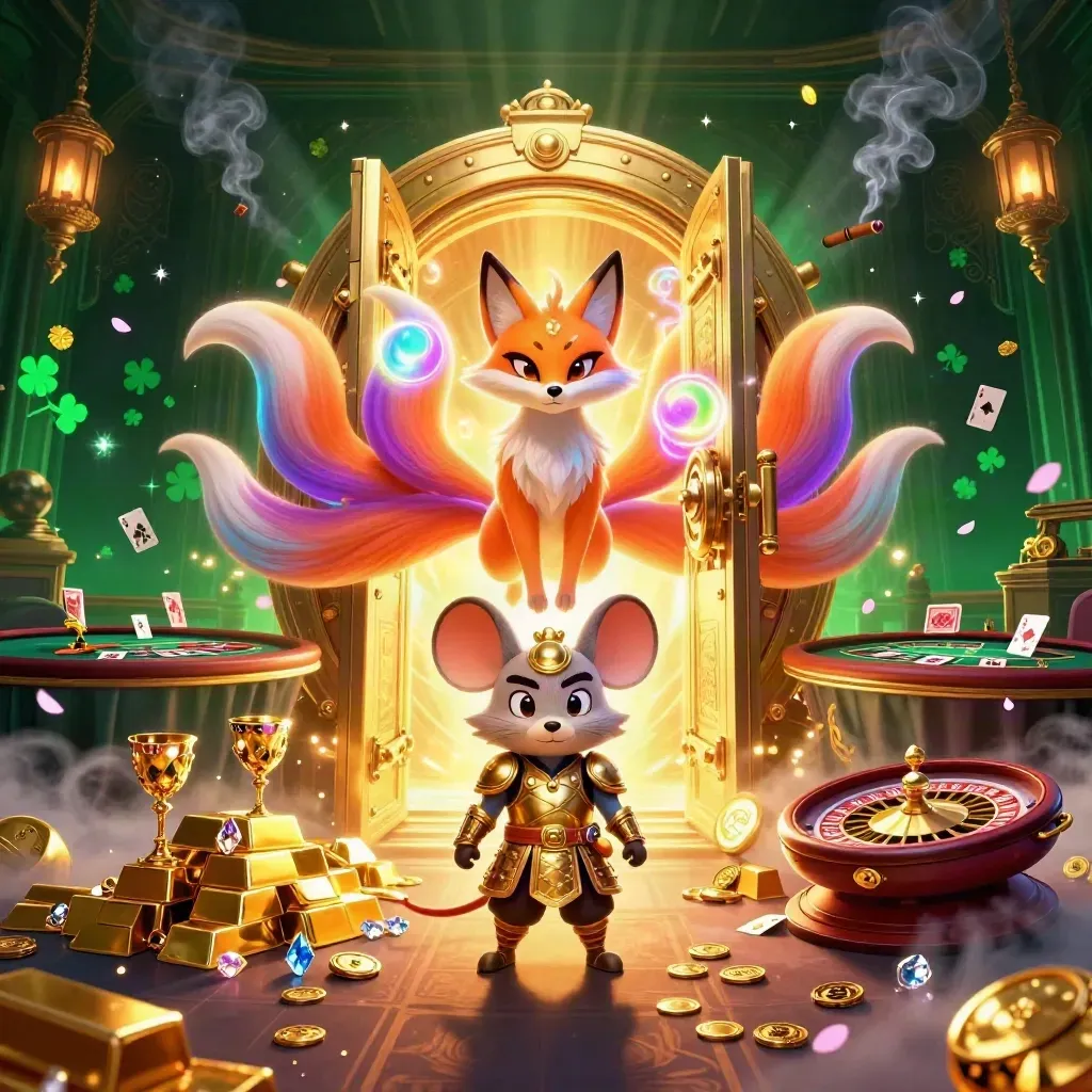 Neon fox spirit and samurai mouse in a luxe casino vault with gold, gems, and glowing light.