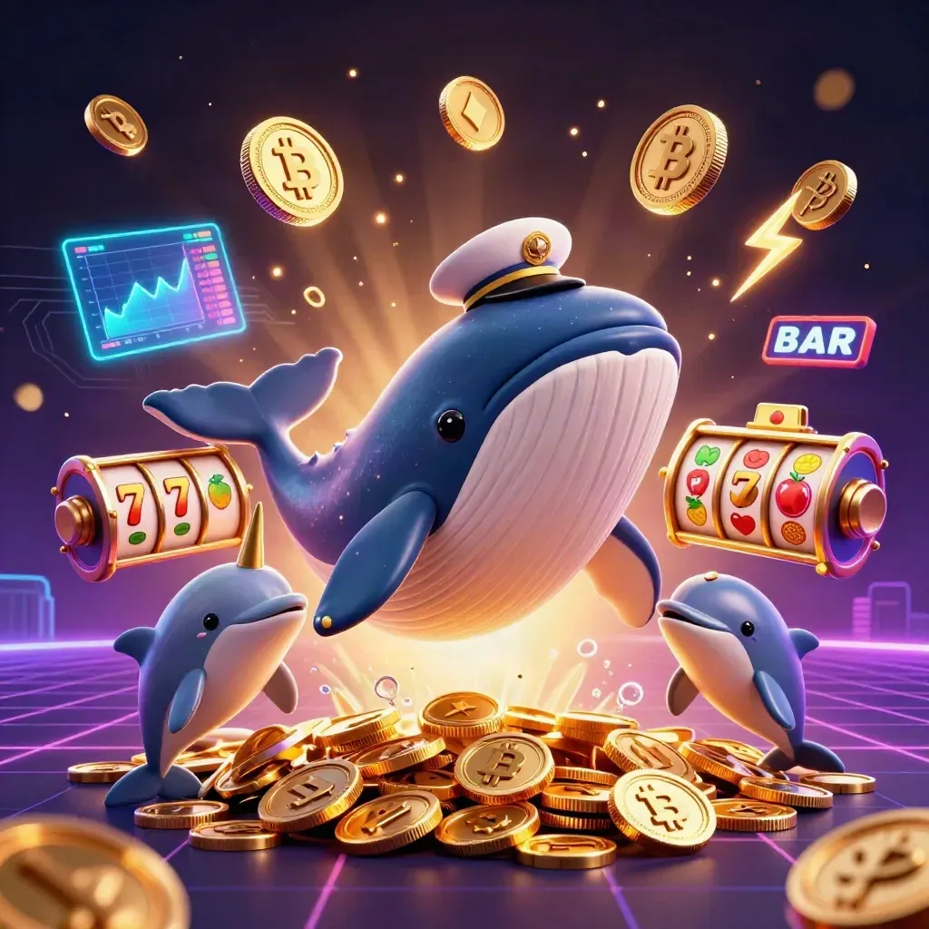 Whale captain, narwhal, and dolphins burst through coins with neon crypto and casino effects