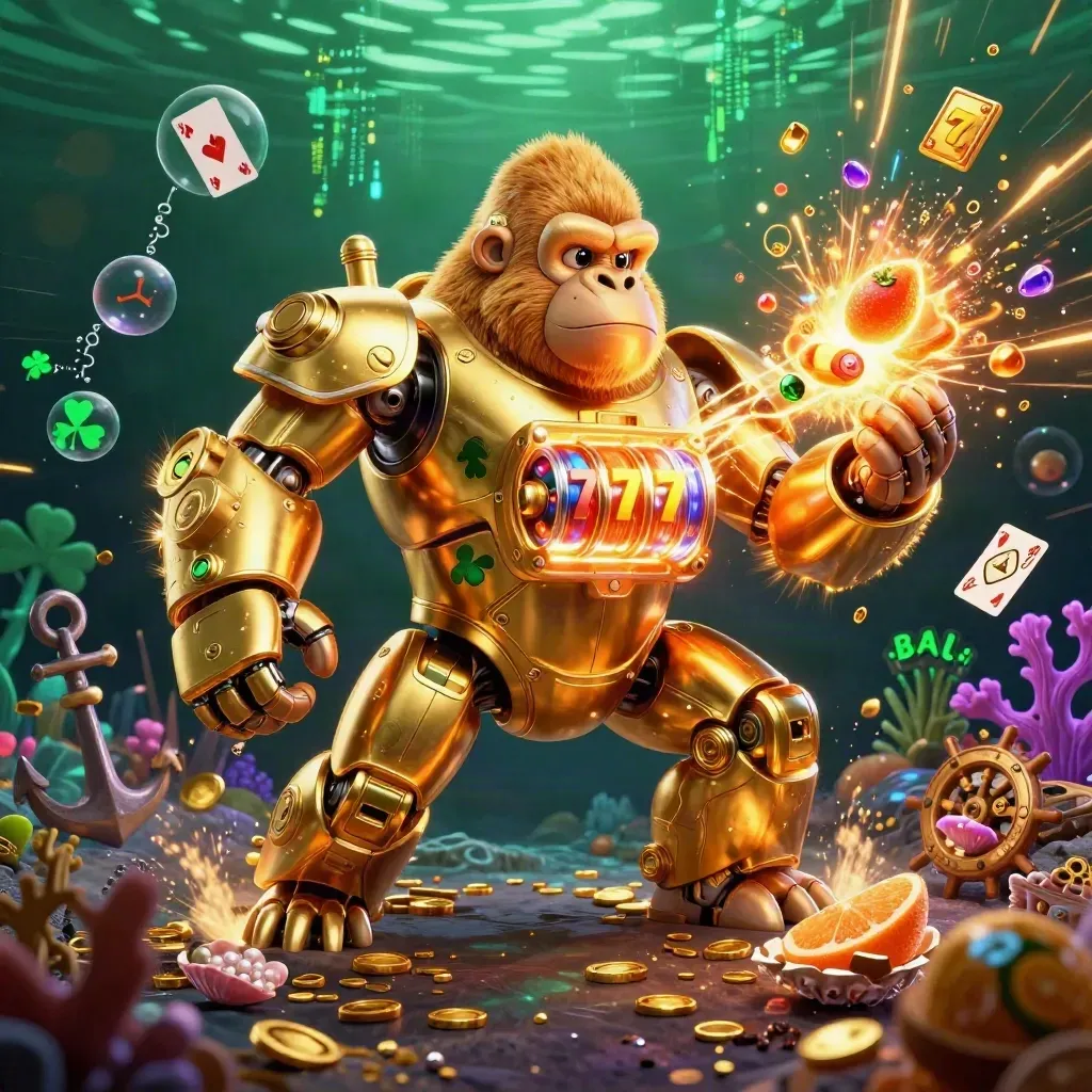 Golden gorilla mech with monkey pilot blasting treasure in a neon underwater cove