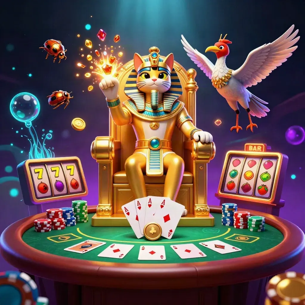 Pharaoh cat, ibis scribe, and gem-winged scarabs amid casino loot and glowing underwater light.