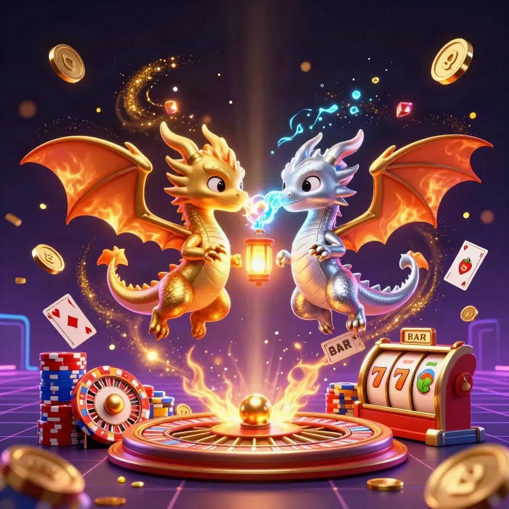 Gold and silver dragons swirl in a treasure blast with coins, gems, cards, chips, and neon casino light.