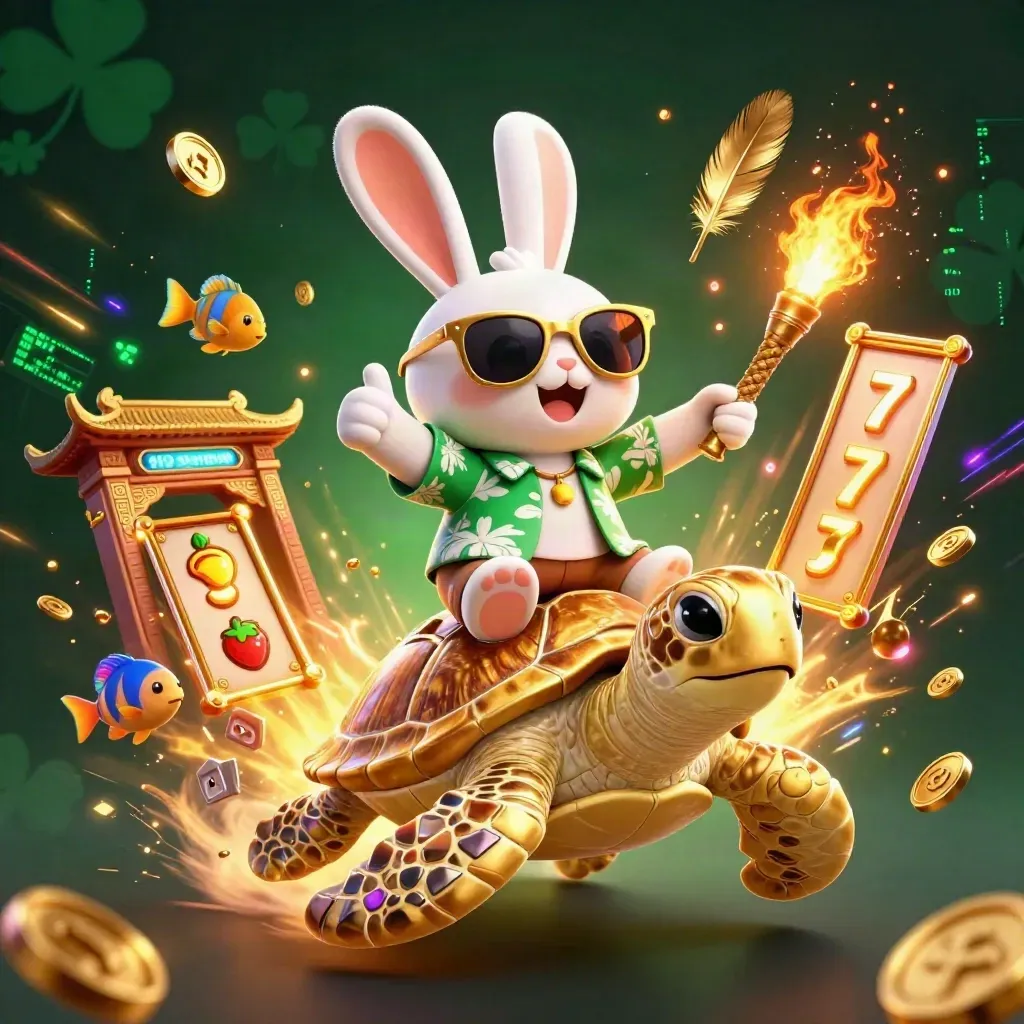 Lucky rabbit rides a gem-shell sea turtle as casino treasure bursts in neon gold light