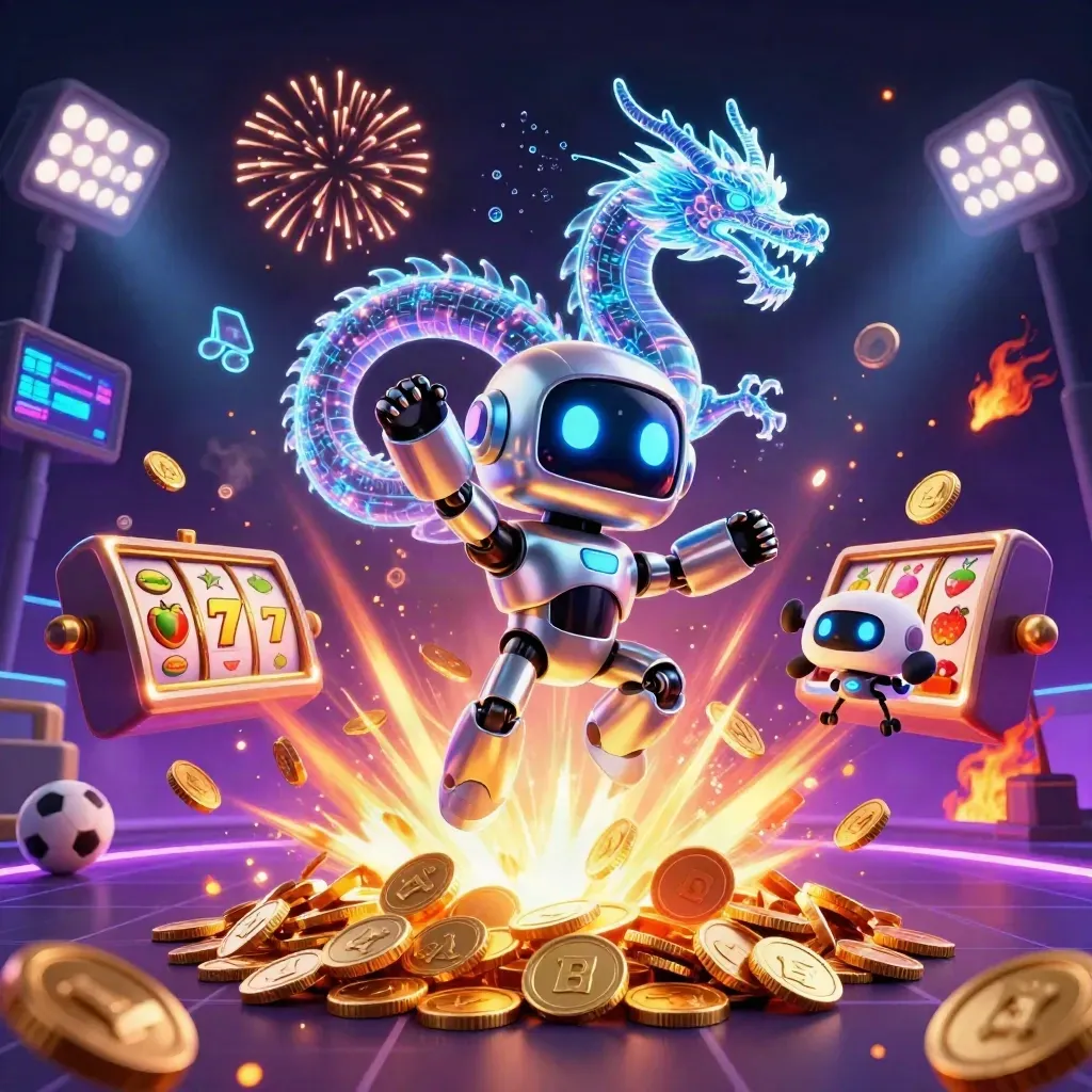 Cyberpunk robot, holographic dragon, and drone amid coins, fireworks, trophy, reels, and floodlights.