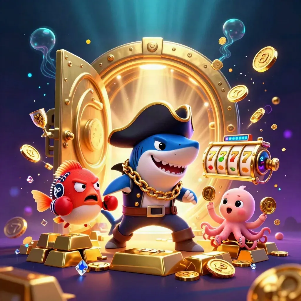 Pirate shark, boxing pufferfish, and juggling octopus amid a glowing vault of gold and casino symbols.