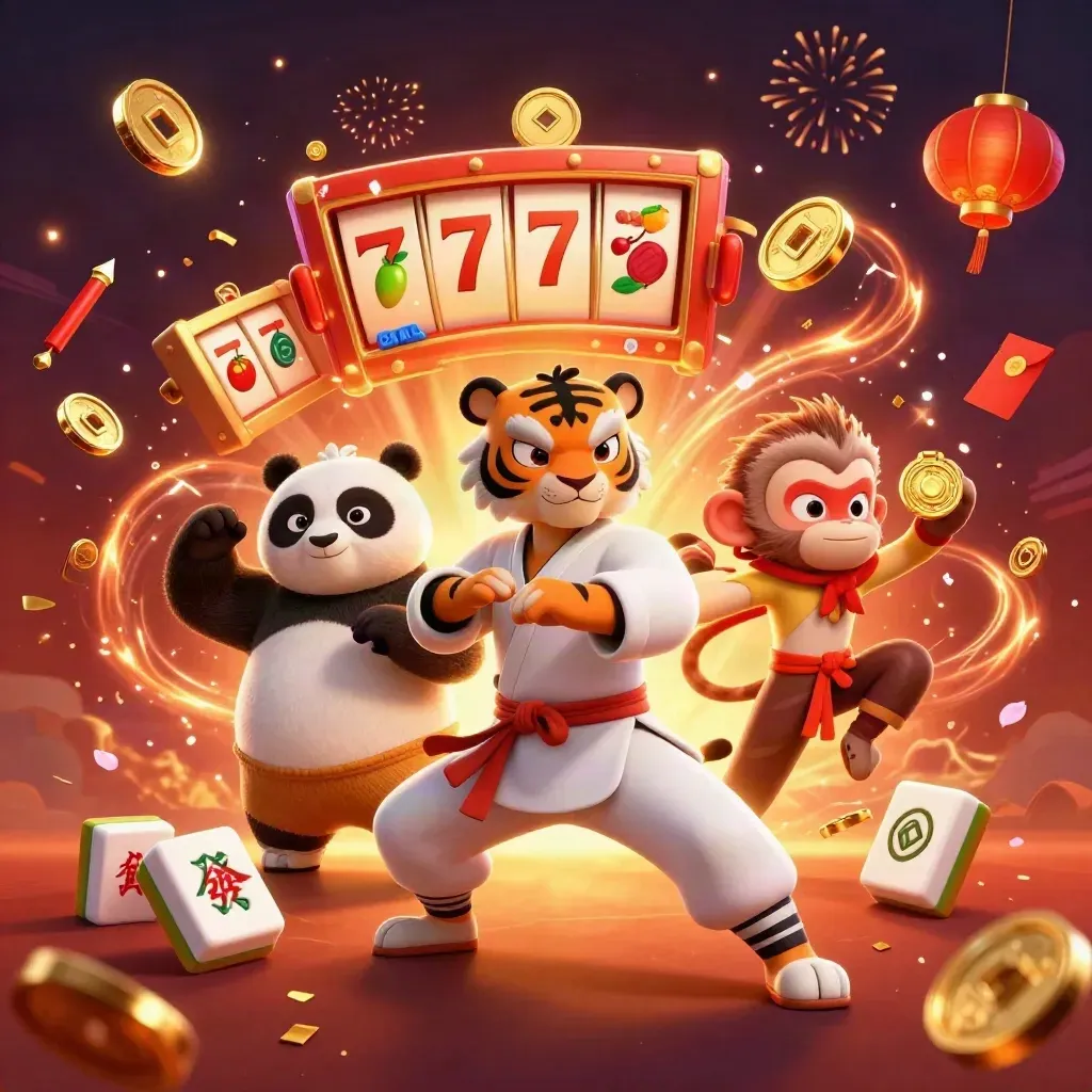 Tiger master, panda disciple, and monkey student amid gold coins, fireworks, and casino symbols.