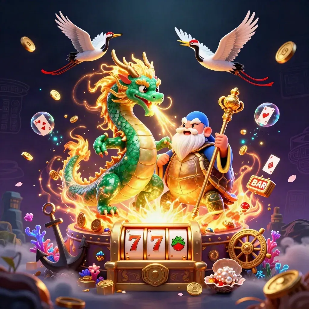 Emerald dragon, turtle sage, and cranes amid gold coins, coral, and glowing casino magic