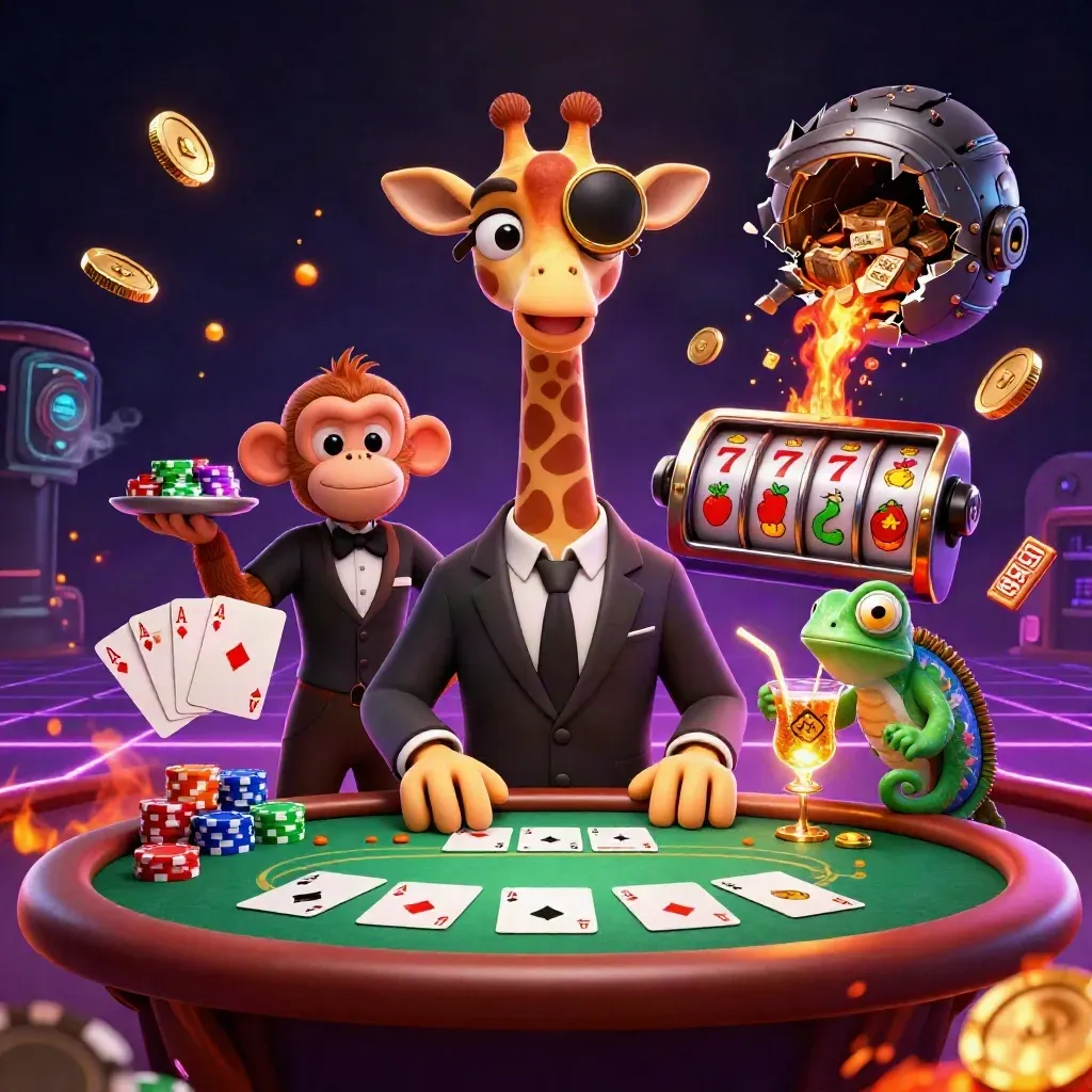 3D giraffe high-roller, monkey valet and chameleon bartender amid exploding chips, coins, and slot reels