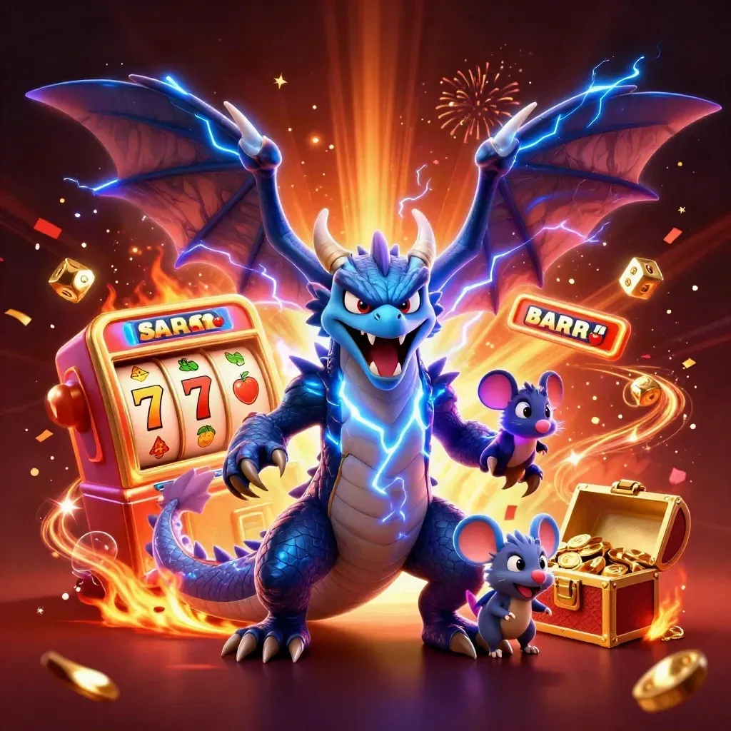 Thunder dragon, hawk, and mouse burst from a slot machine amid gold, fire, and lightning.