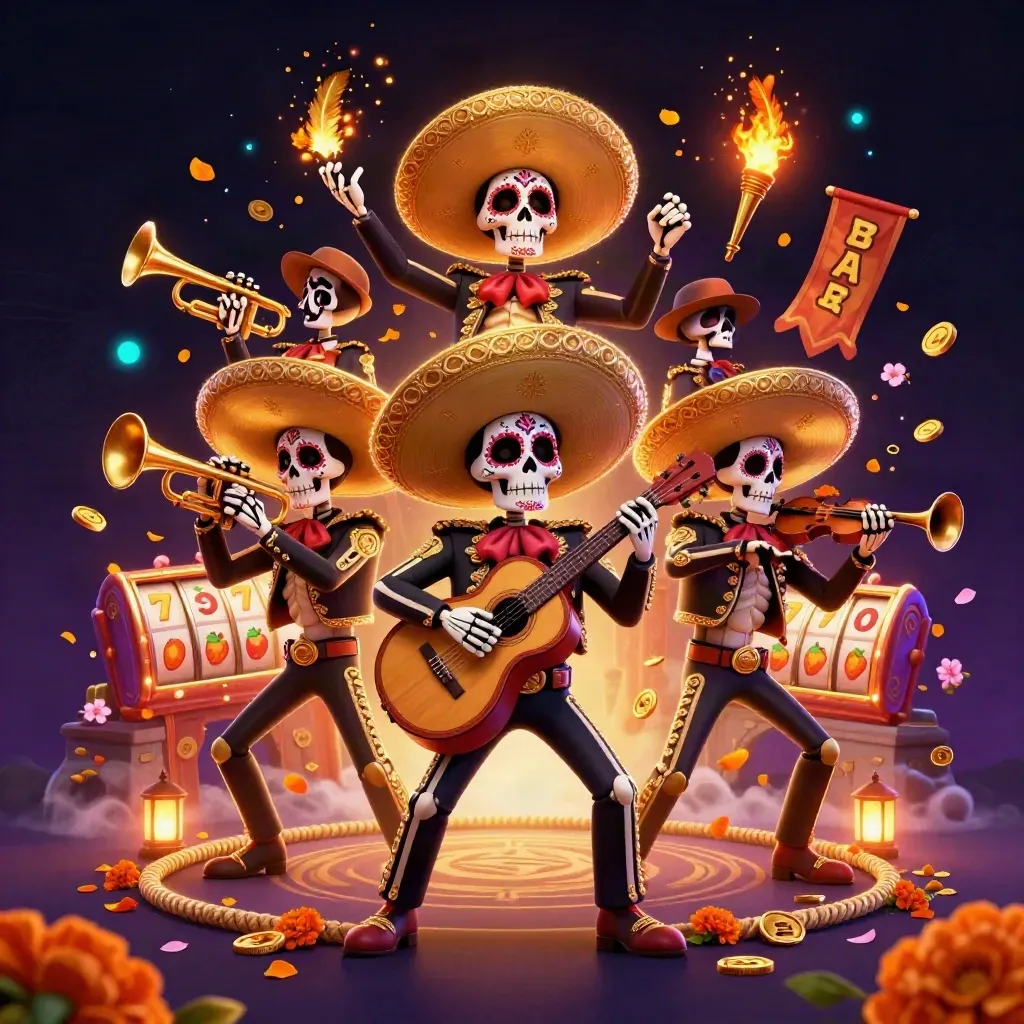 Day-of-the-Dead skeleton mariachi trio amid casino magic, gold coins, petals, and glowing runes