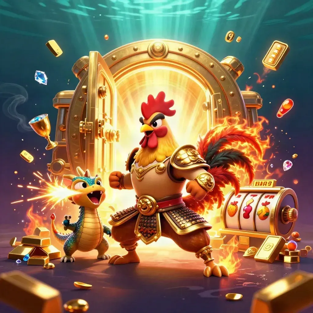 Rooster warrior, dragon hatchling, and fortune-cat burst through a gold vault amid coins and reels.