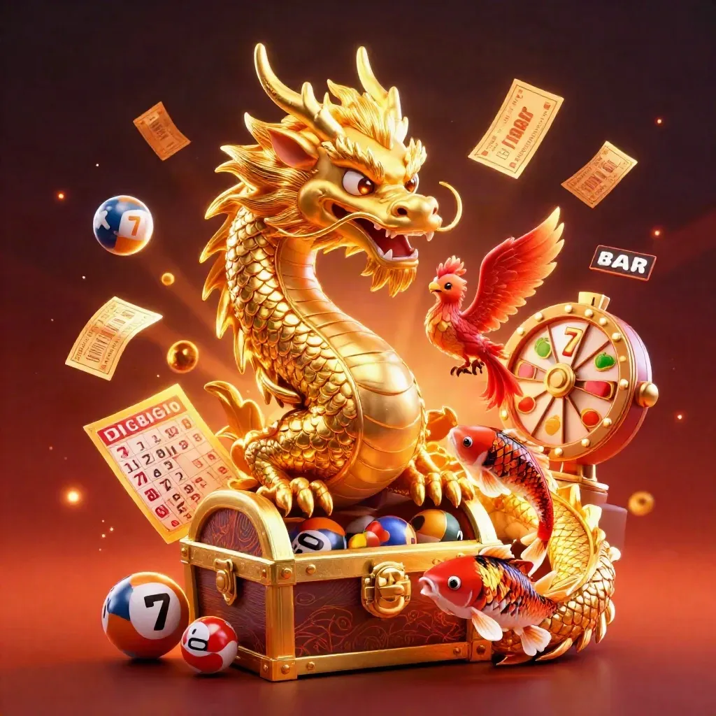 Golden dragon, phoenix and koi burst amid casino symbols on a fiery dark background.