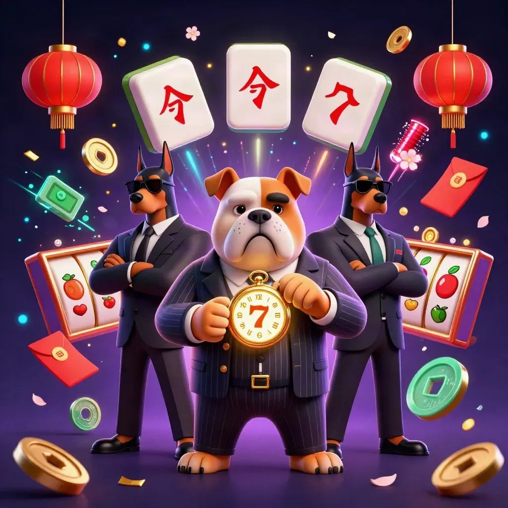 Bulldog mob boss with two Dobermans amid jade casino reels and neon effects