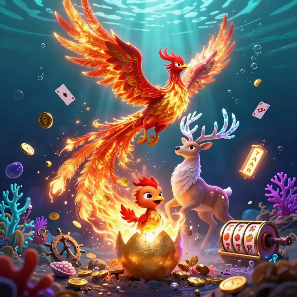 Fire phoenix, baby phoenix, and crystal-antler stag in a glowing underwater treasure cove.