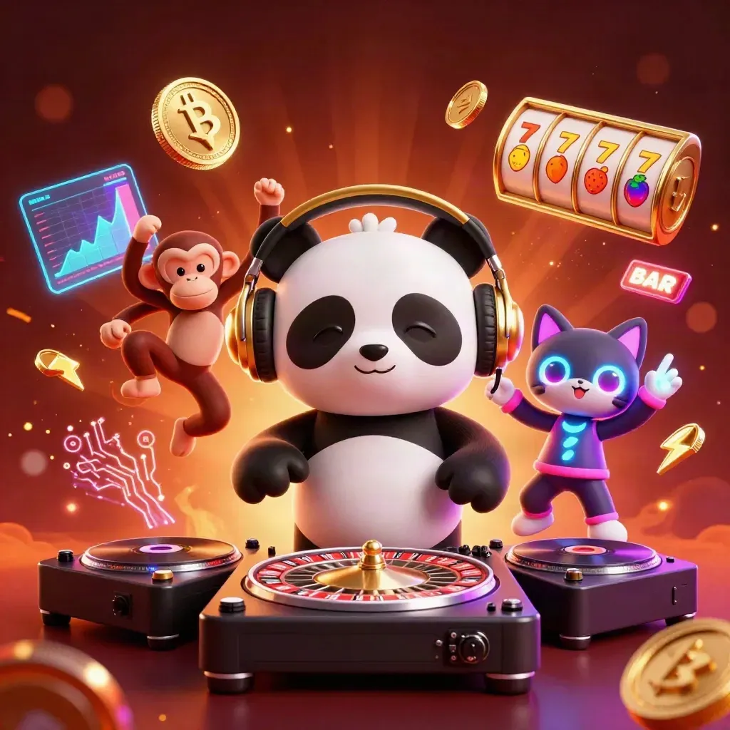 DJ panda, dancing monkey, and rave kitten amid glowing coins and casino sparks