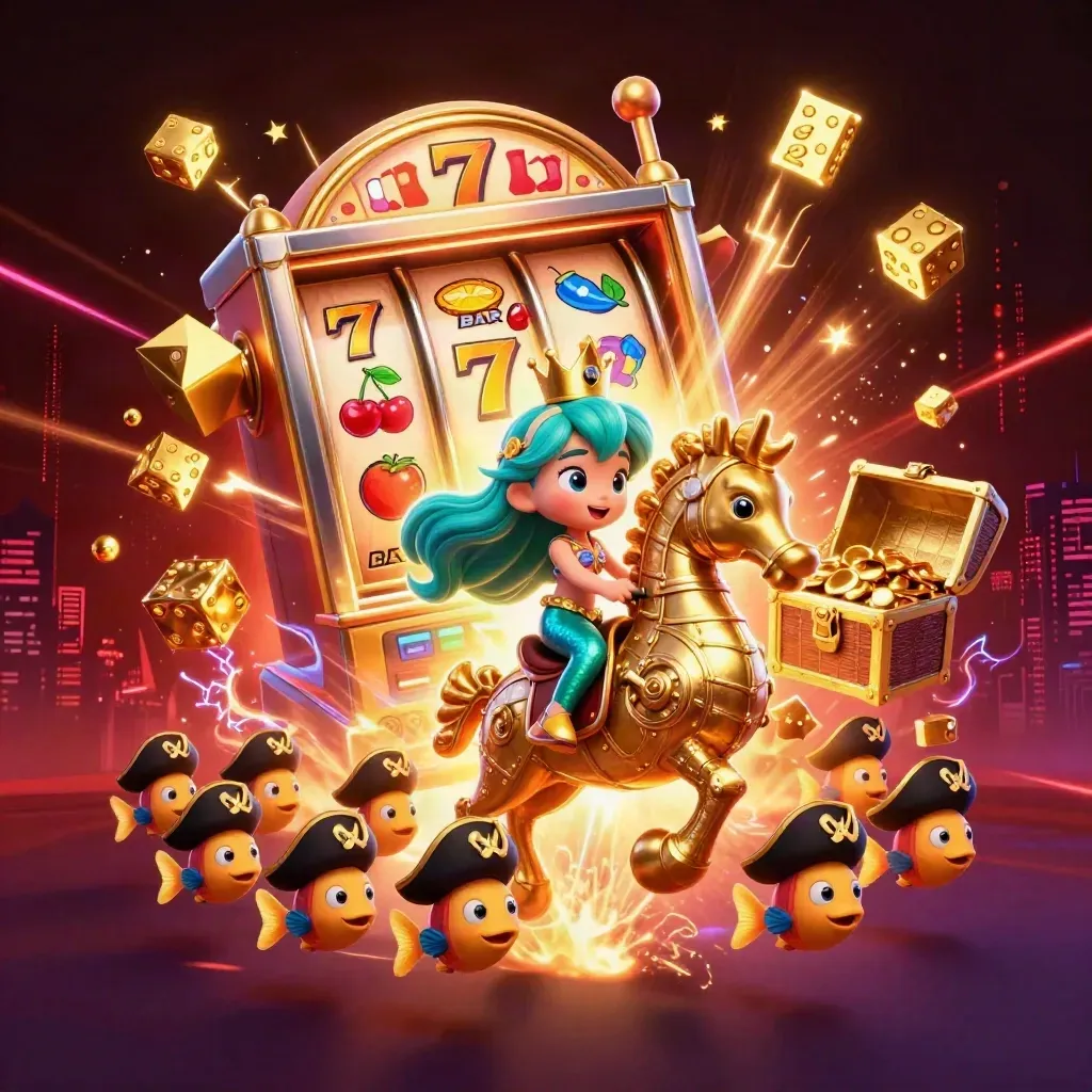 Mermaid princess on armored seahorse amid jackpot bursts, gold dice, and pirate fish in neon casino glow