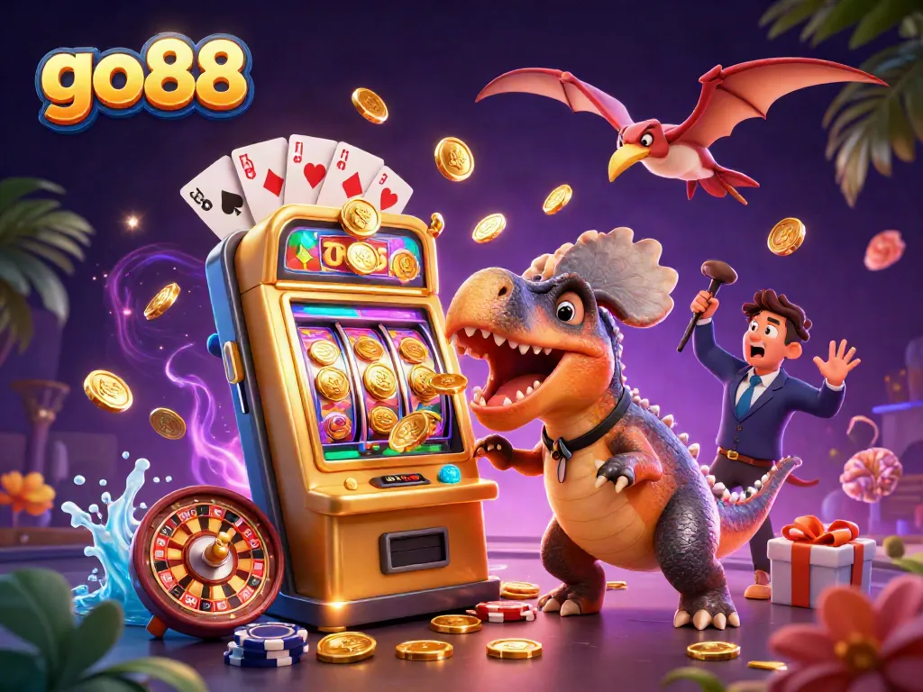 go88 players celebrate wins at a virtual casino with vibrant 3D illustrations of gaming excitement.