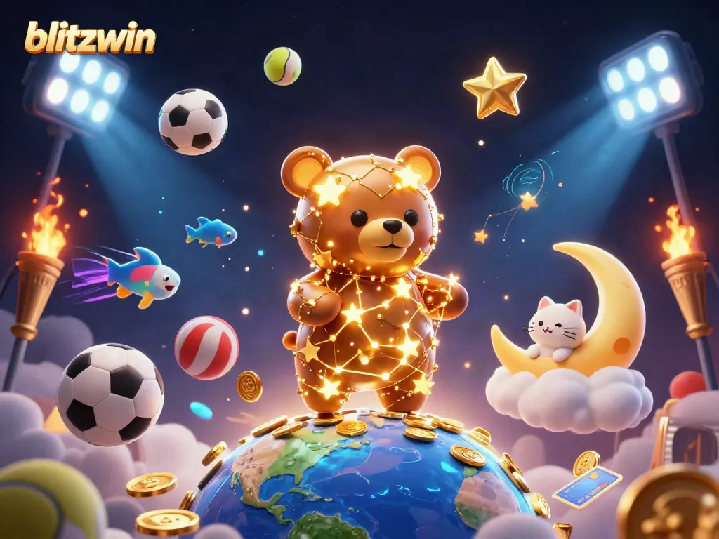 Experience excitement with blitzwin in this captivating 3D scene of casino games and sports elements.