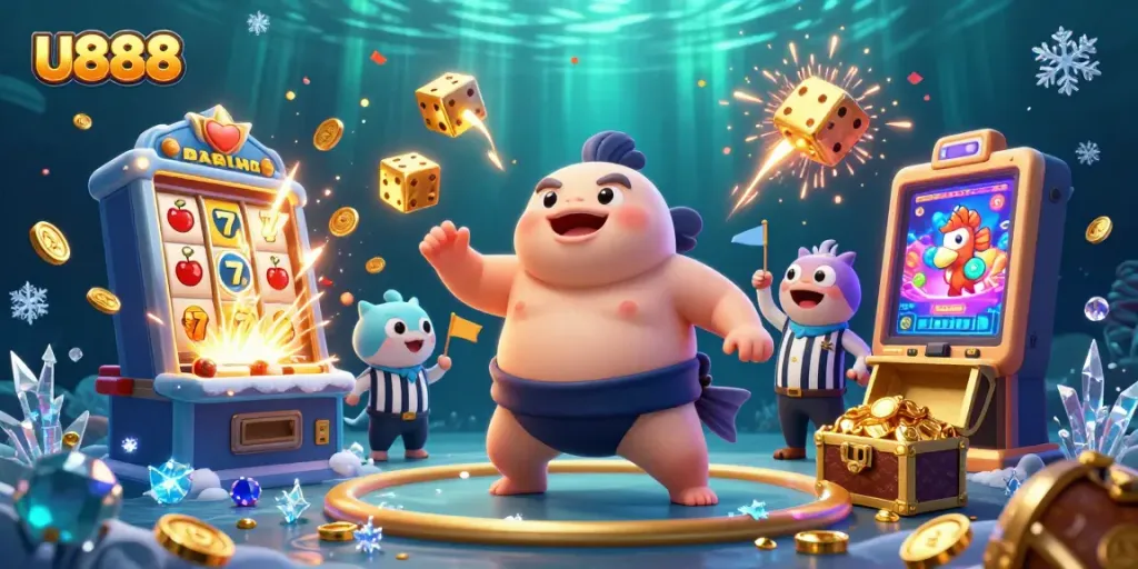 Experience the thrill of U888 online gaming with a dynamic underwater casino scene bursting with action.
