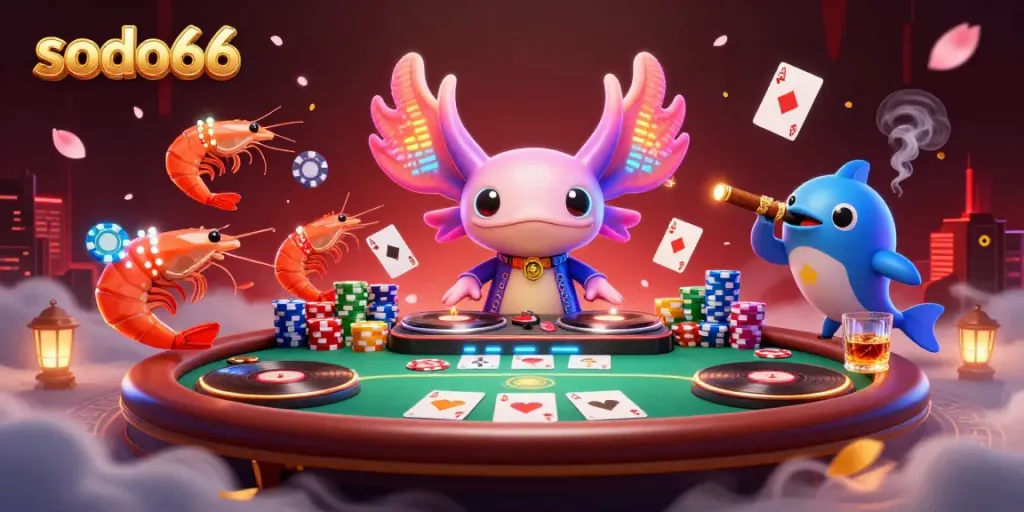 Experience vibrant gameplay at sodo66 with neon underwater casino scene featuring dancing creatures and poker elements.