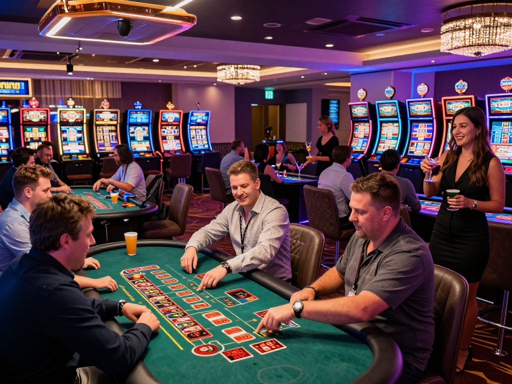 Giocatori entusiasti nei migliori casino online con luci al neon e tavoli da gioco affollati.