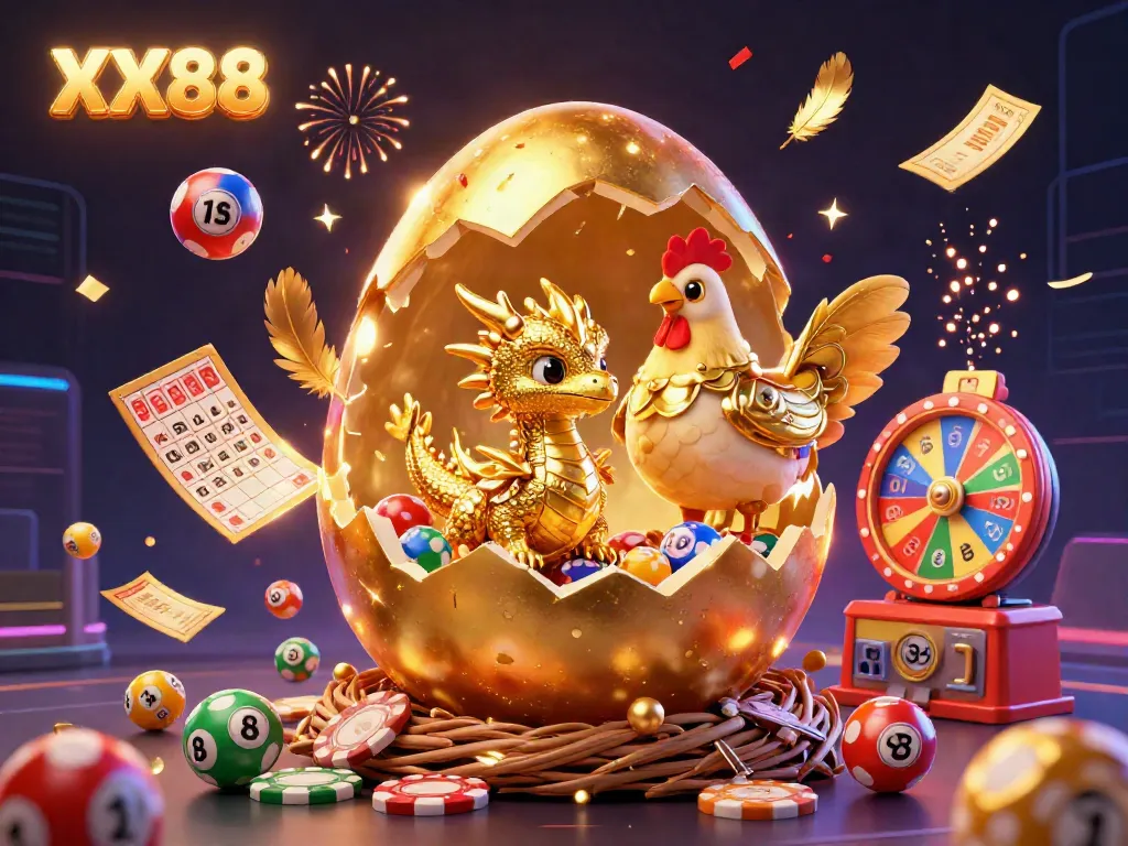 Engage with the thrilling experience of XX88 as a golden baby dragon emerges from a poker chip nest