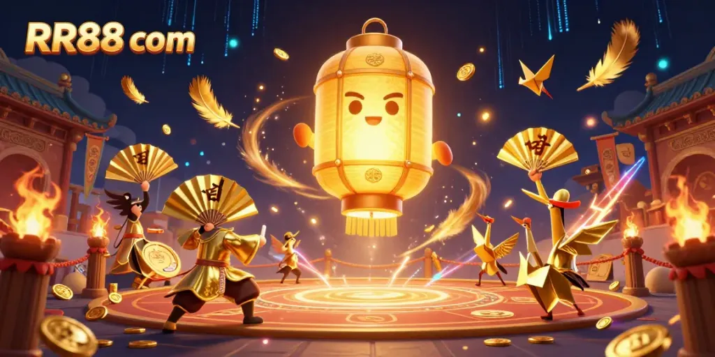 Experience the lively atmosphere of RR88 com with dynamic golden characters and casino elements.