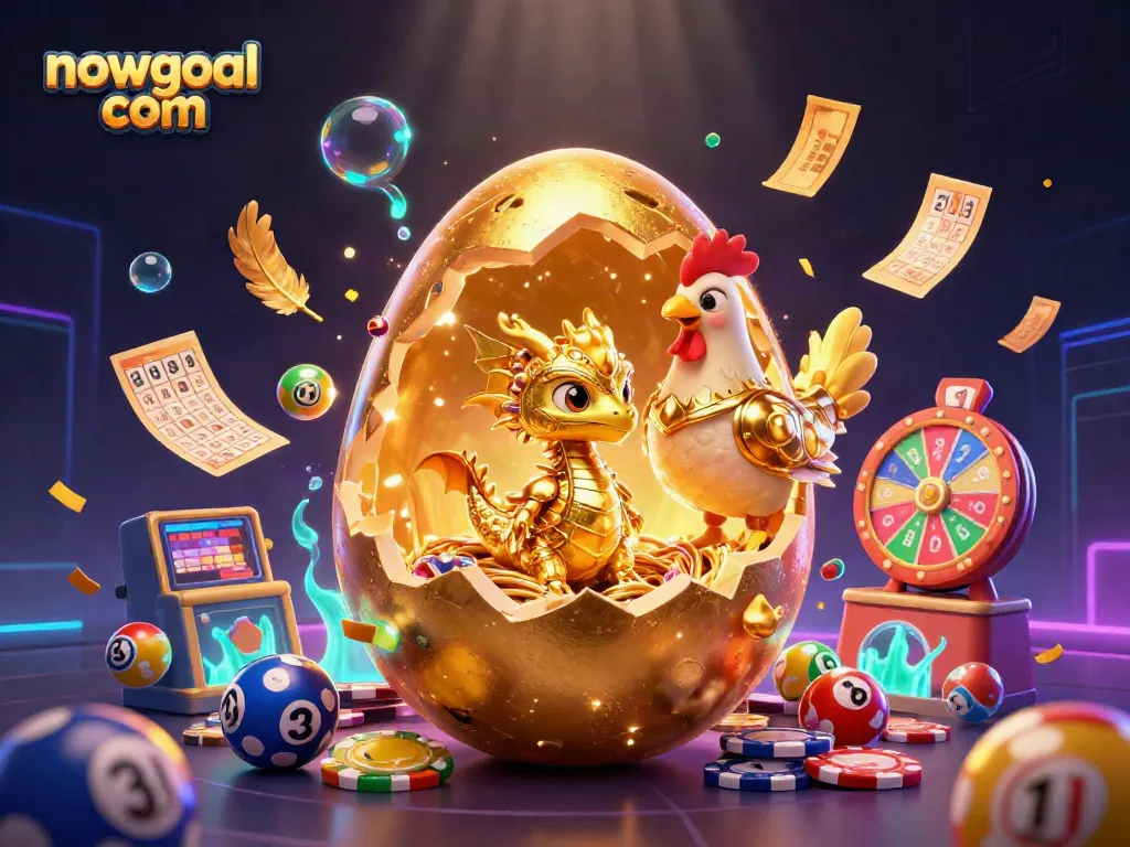 Experience thrilling action at nowgoal com with a golden egg cracking open to reveal treasures like a dragon, poker chips, and vibrant lottery balls.