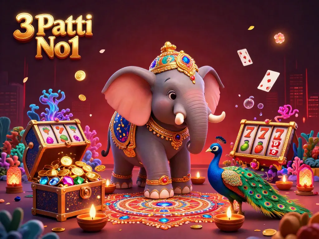 Engage with 3 Patti No1's vibrant elephant and peacock amidst gaming elements and rich visual details.