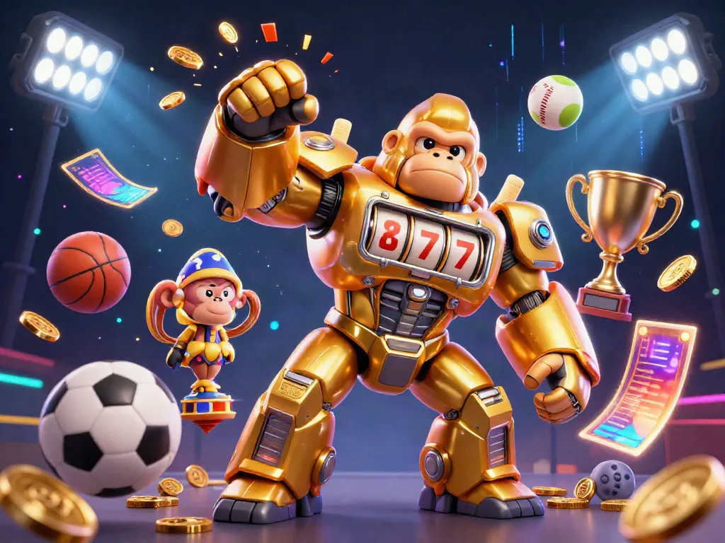 Experience mu88's excitement with a golden gorilla mech amidst dynamic sports elements.