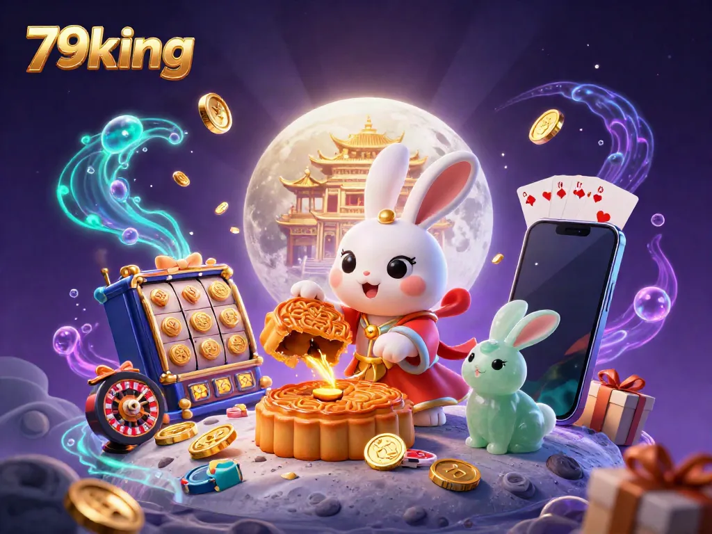 Experience the excitement of 79king with a whimsical moon rabbit scene featuring poker chips and slot games.