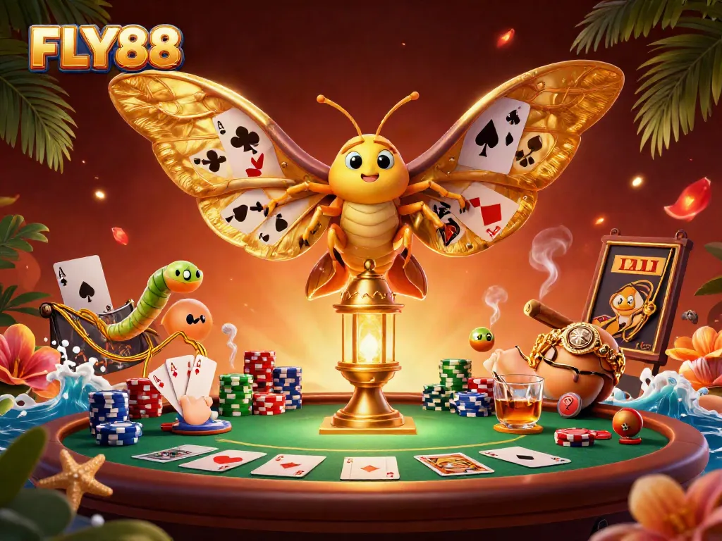 Experience thrilling gaming at FLY88 with a vibrant 3D illustration of a mystical casino scene.