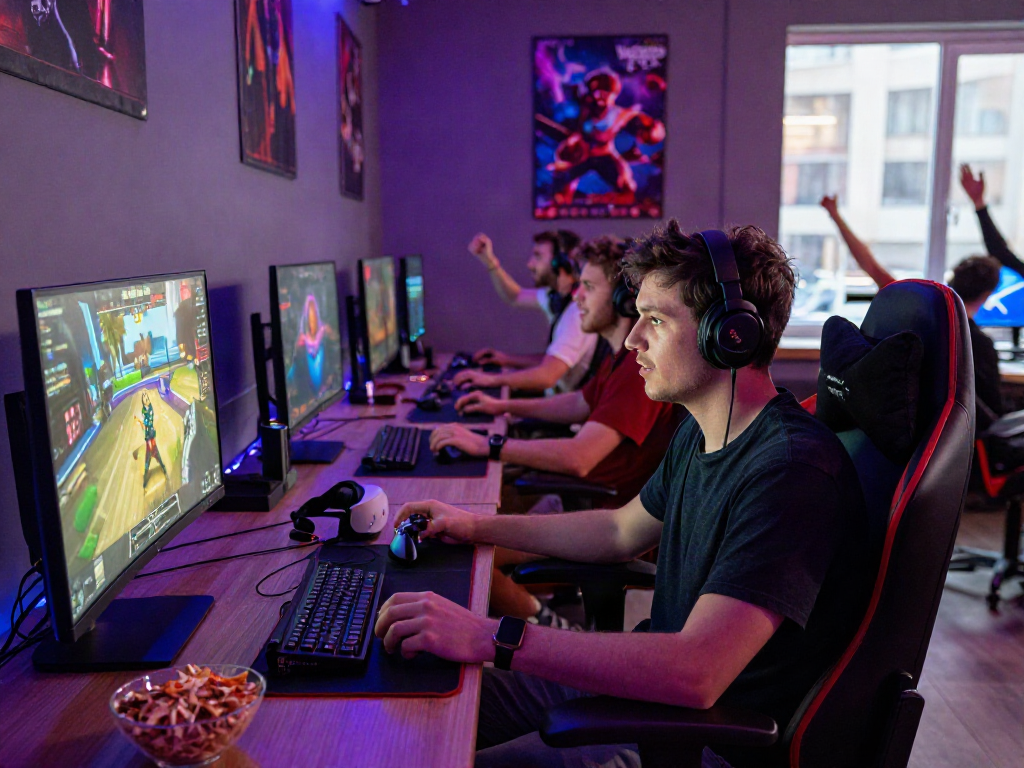 Gamer enjoying porn games in a modern gaming lounge with vibrant atmosphere.