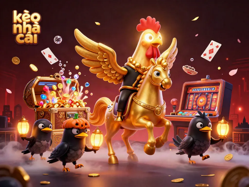 Experience the excitement of kèo nhà cái with a golden rooster in a vibrant casino scene.